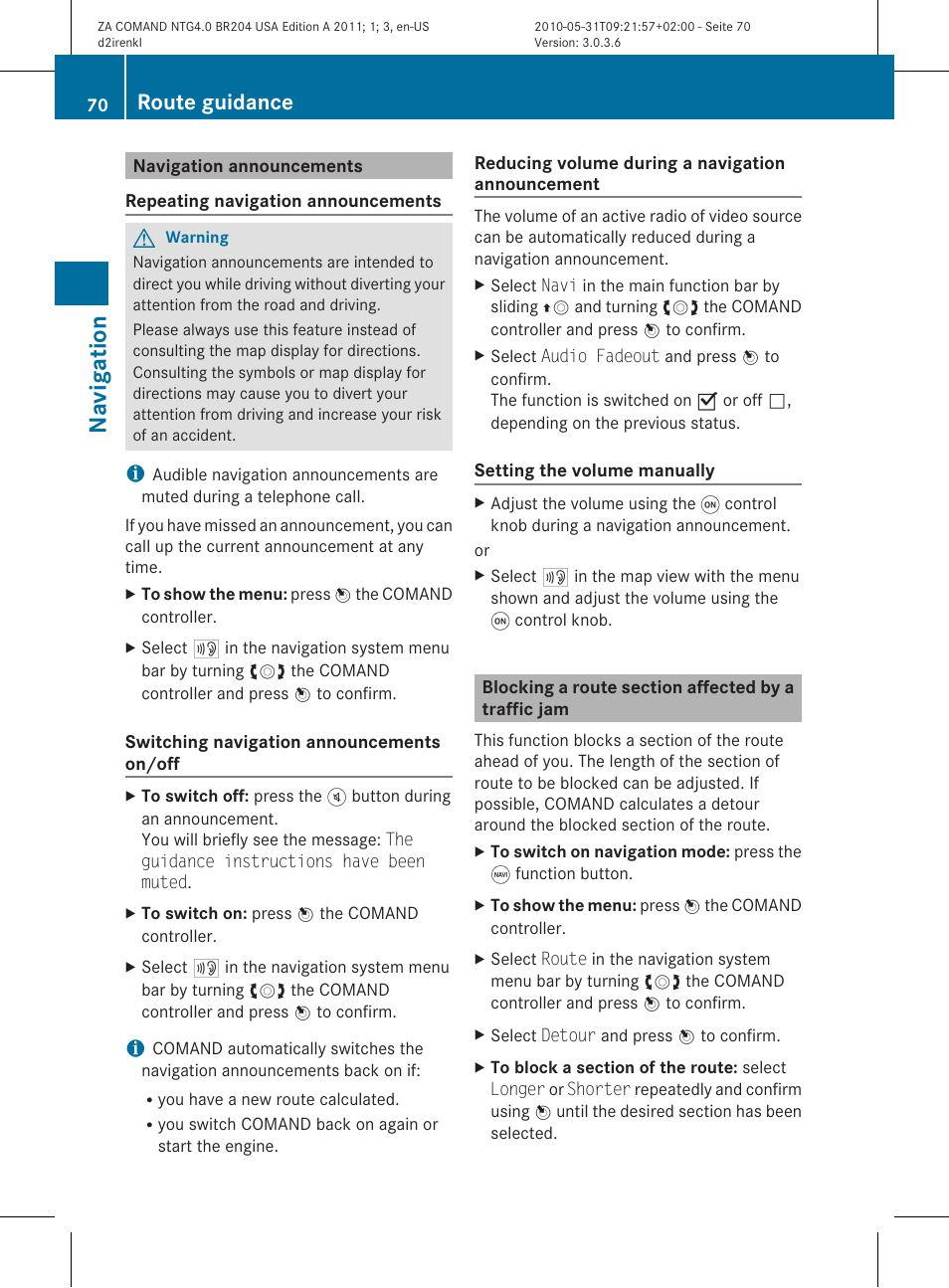 Navigat ion, Route guidance | Mercedes-Benz GLK-Class 2011 COMAND Manual User Manual | Page 72 / 190