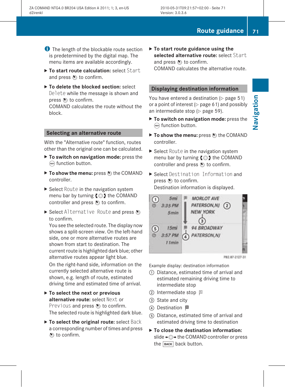 Na vigat ion, Route guidance | Mercedes-Benz GLK-Class 2011 COMAND Manual User Manual | Page 73 / 190