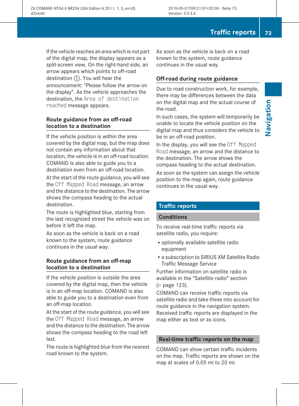 Navigat ion, Traffic reports | Mercedes-Benz GLK-Class 2011 COMAND Manual User Manual | Page 75 / 190