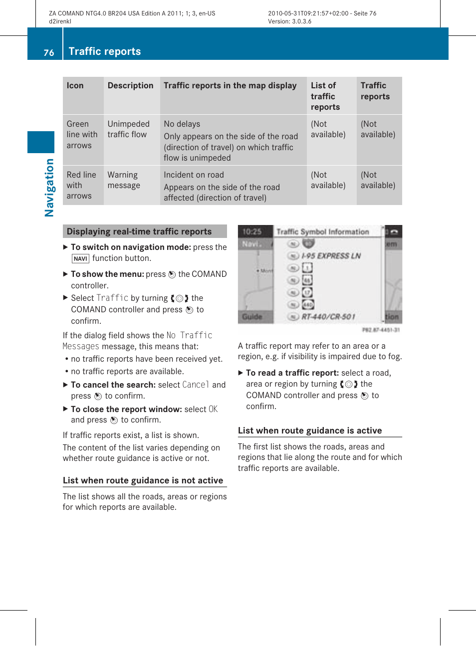 Na vigation, Traffic reports | Mercedes-Benz GLK-Class 2011 COMAND Manual User Manual | Page 78 / 190
