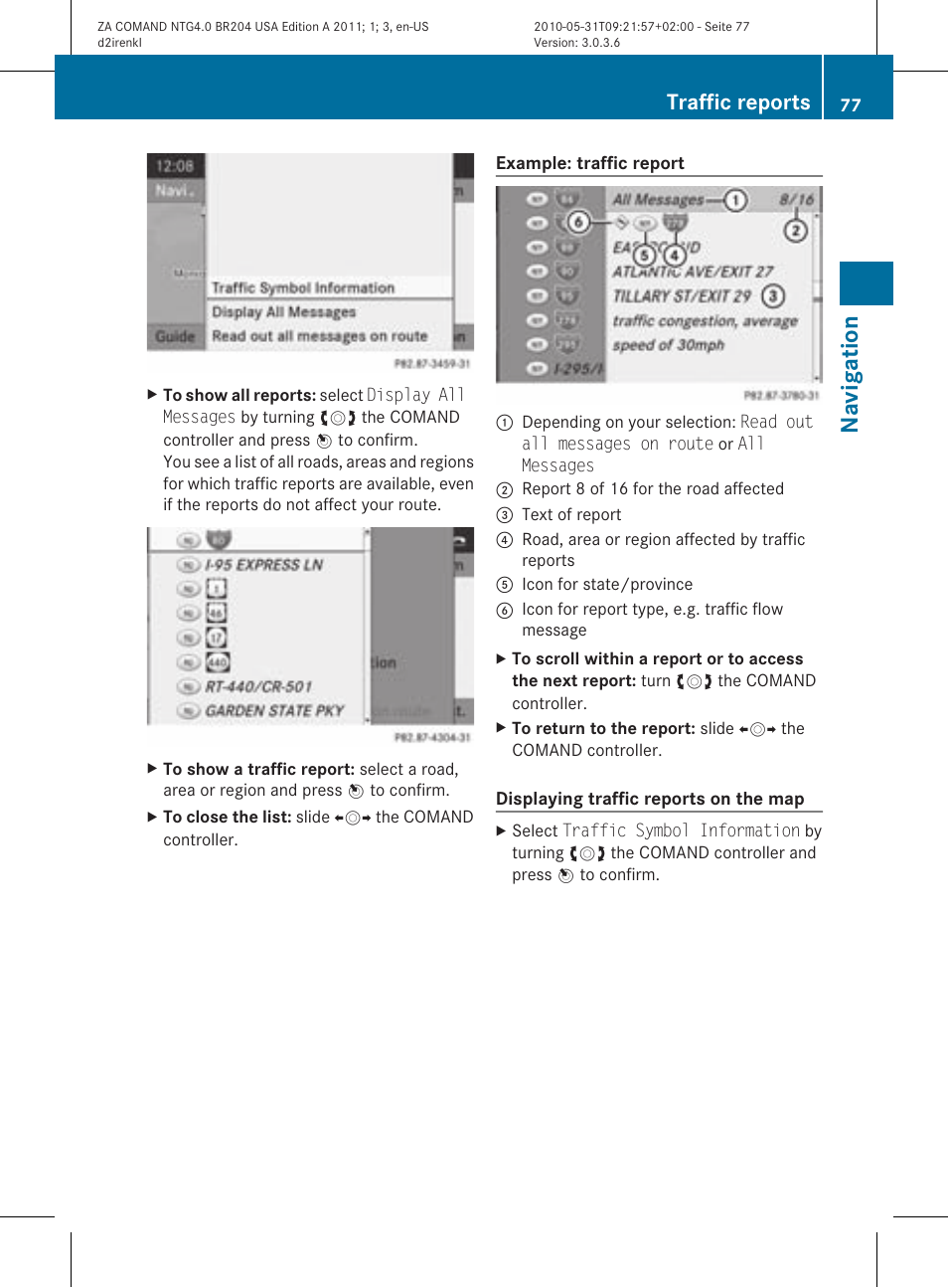 Na vigat ion, Traffic reports | Mercedes-Benz GLK-Class 2011 COMAND Manual User Manual | Page 79 / 190