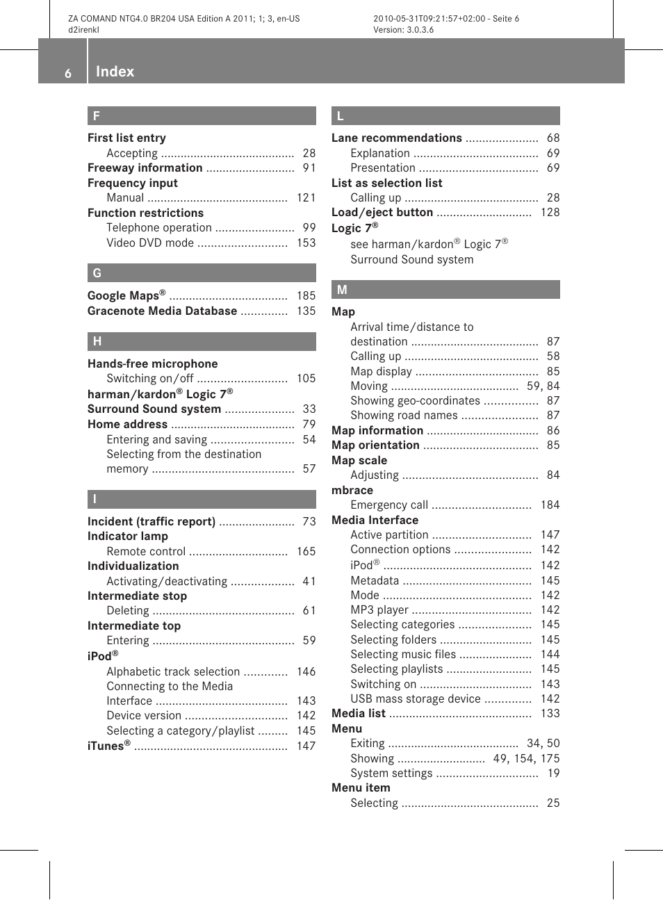 Index | Mercedes-Benz GLK-Class 2011 COMAND Manual User Manual | Page 8 / 190