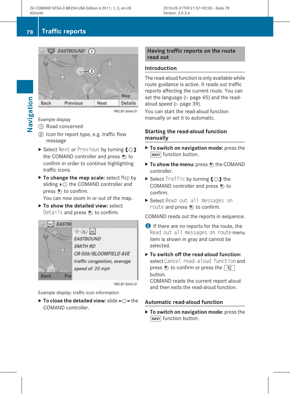 Navigat ion, Traffic reports | Mercedes-Benz GLK-Class 2011 COMAND Manual User Manual | Page 80 / 190