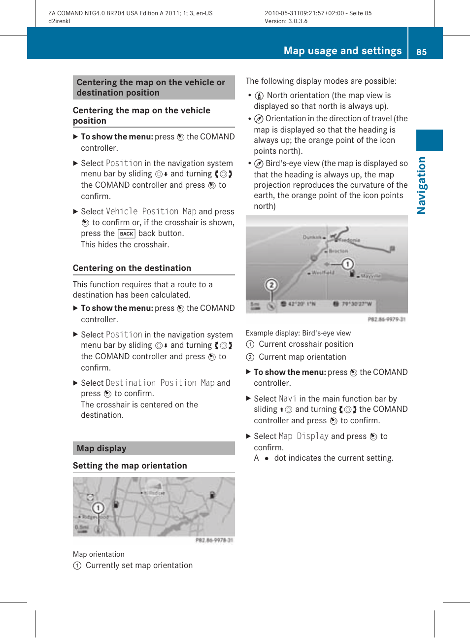 Na vigation, Map usage and settings | Mercedes-Benz GLK-Class 2011 COMAND Manual User Manual | Page 87 / 190