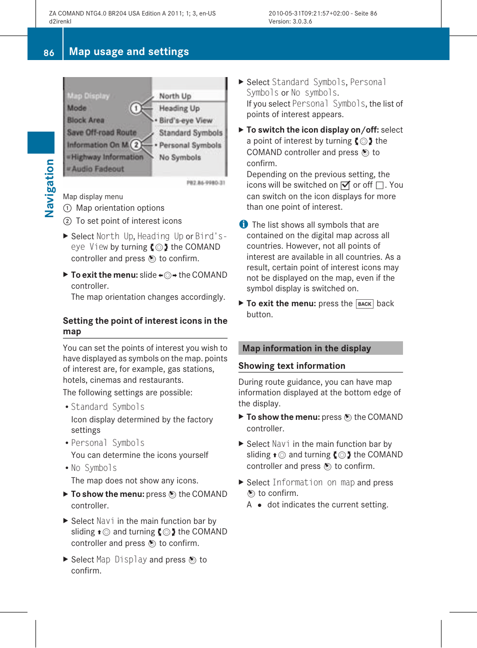 Na vigation, Map usage and settings | Mercedes-Benz GLK-Class 2011 COMAND Manual User Manual | Page 88 / 190