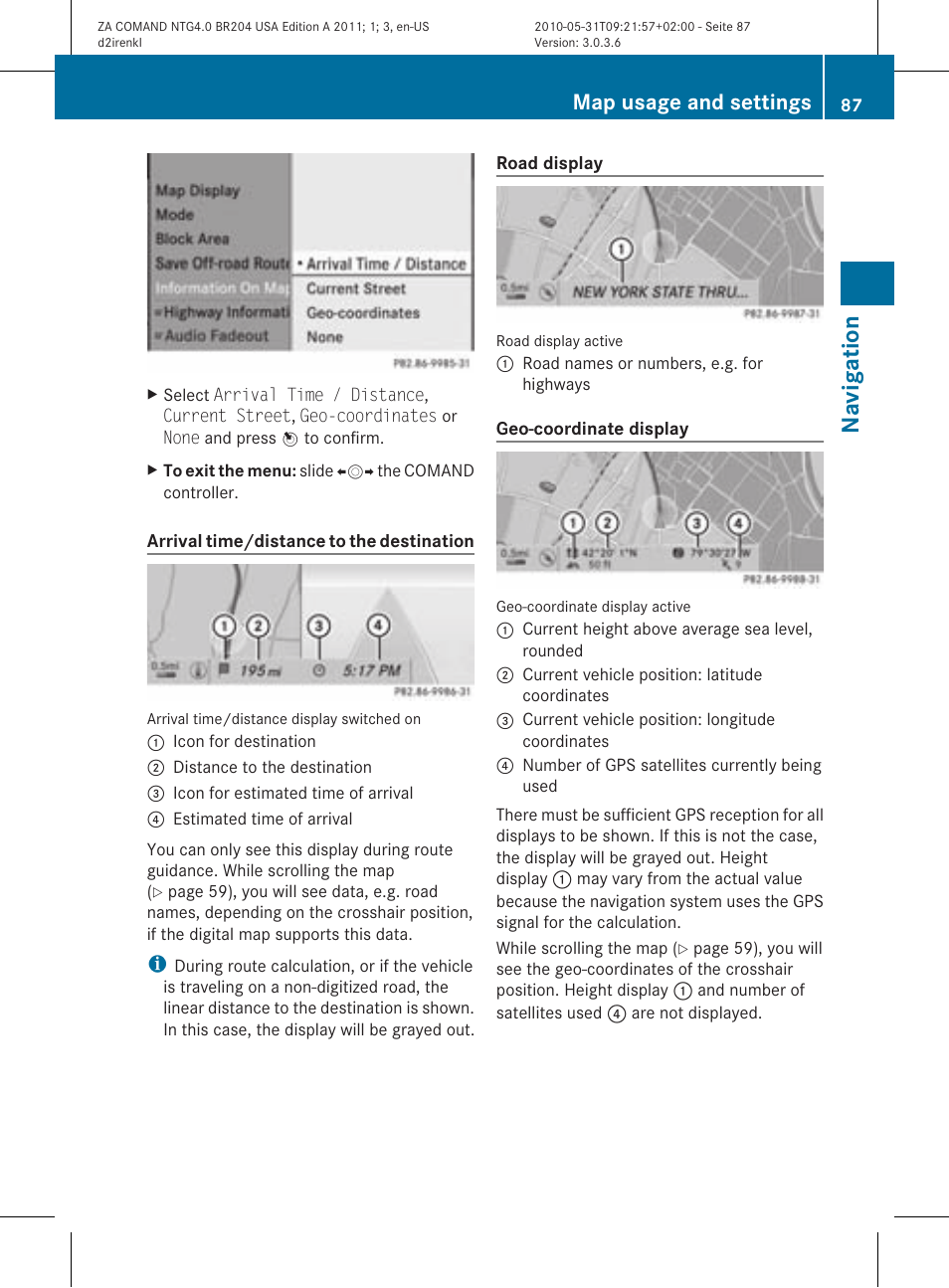 Navigat ion, Map usage and settings | Mercedes-Benz GLK-Class 2011 COMAND Manual User Manual | Page 89 / 190