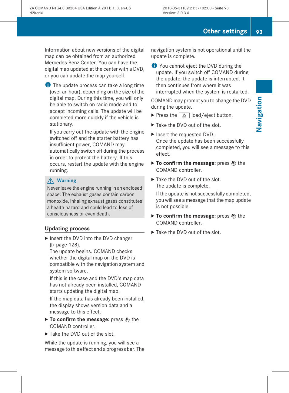 Navigat ion, Other settings | Mercedes-Benz GLK-Class 2011 COMAND Manual User Manual | Page 95 / 190
