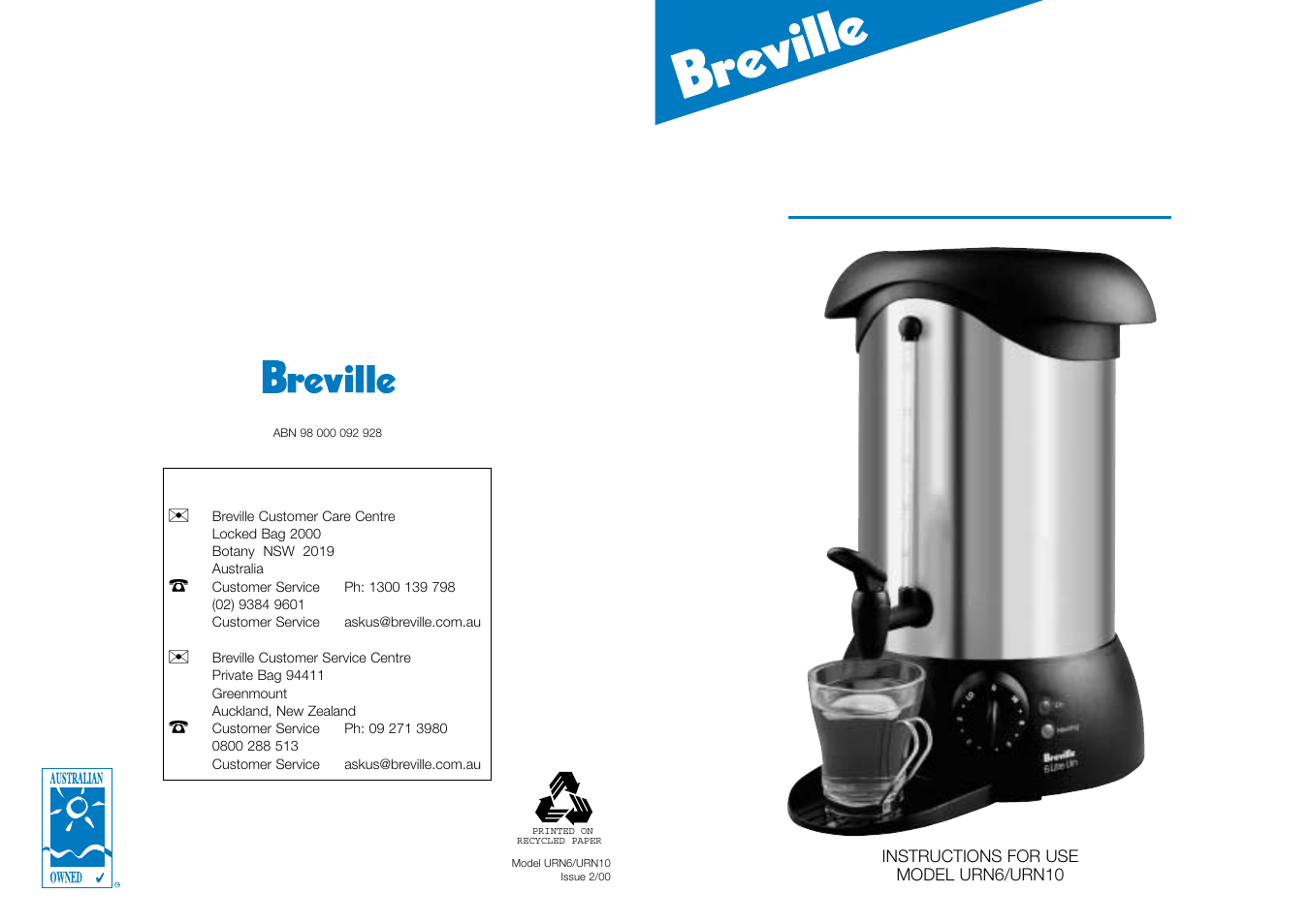 Breville URN10 User Manual | 4 pages