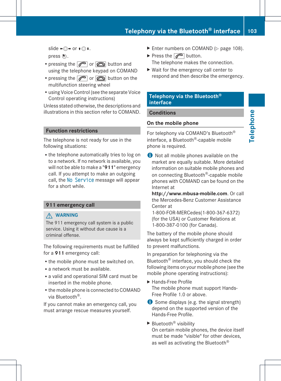 Telephone, Telephony via the bluetooth, Interface | Mercedes-Benz E-Coupe 2011 COMAND Manual User Manual | Page 105 / 194