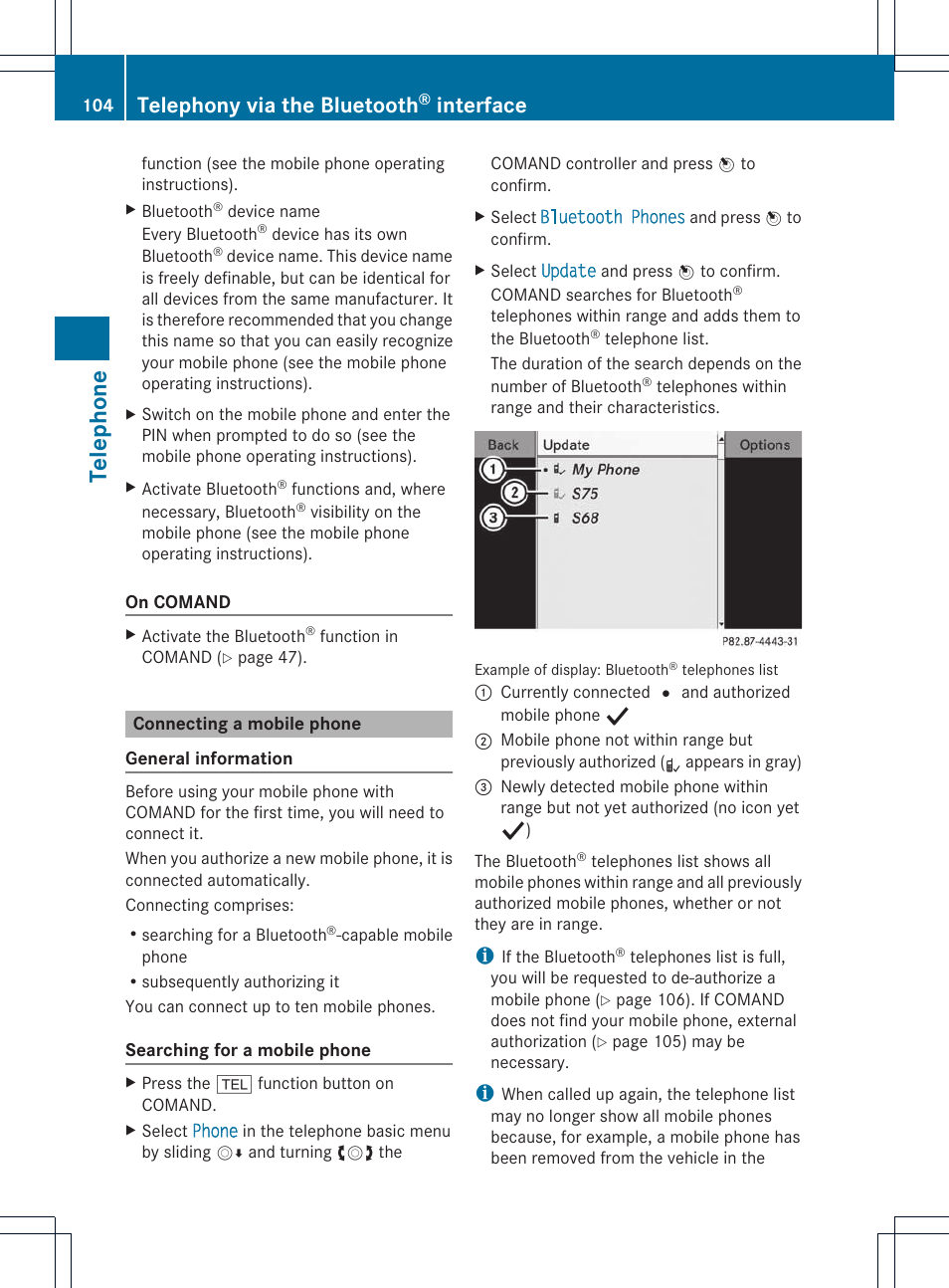 Telephone, Telephony via the bluetooth, Interface | Mercedes-Benz E-Coupe 2011 COMAND Manual User Manual | Page 106 / 194