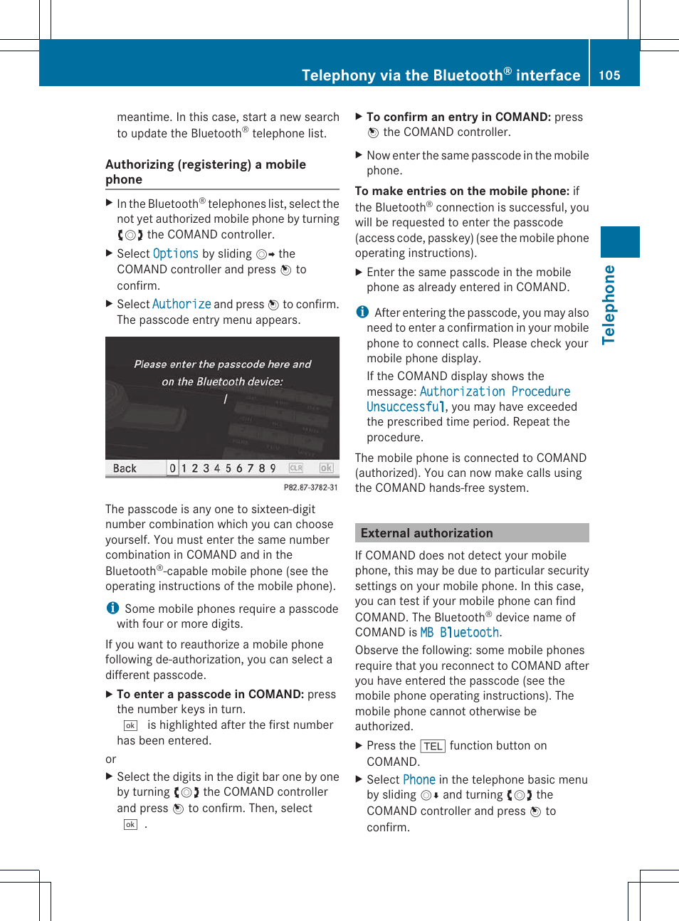 Telephone, Telephony via the bluetooth, Interface | Mercedes-Benz E-Coupe 2011 COMAND Manual User Manual | Page 107 / 194