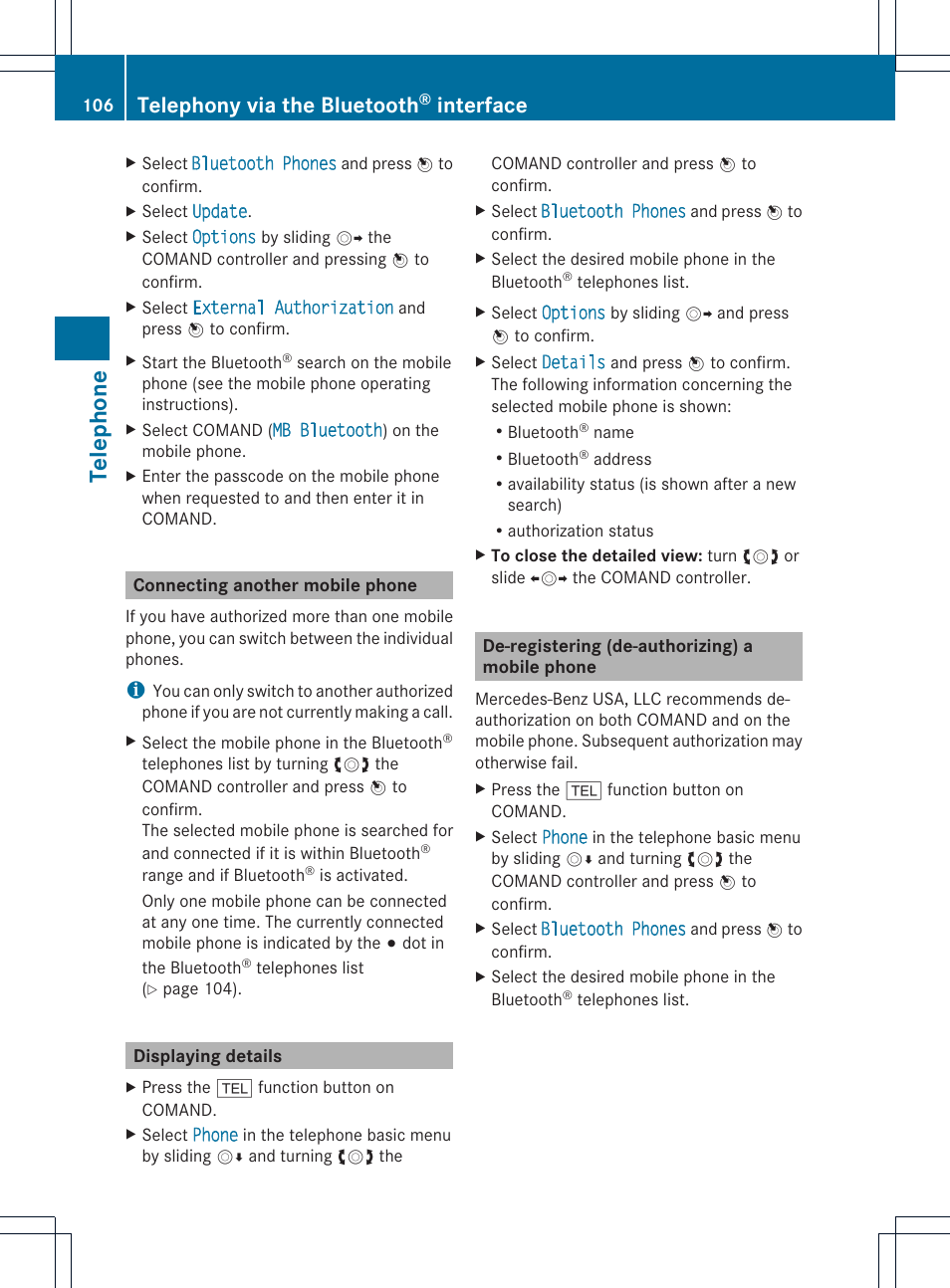 Telephone, Telephony via the bluetooth, Interface | Mercedes-Benz E-Coupe 2011 COMAND Manual User Manual | Page 108 / 194