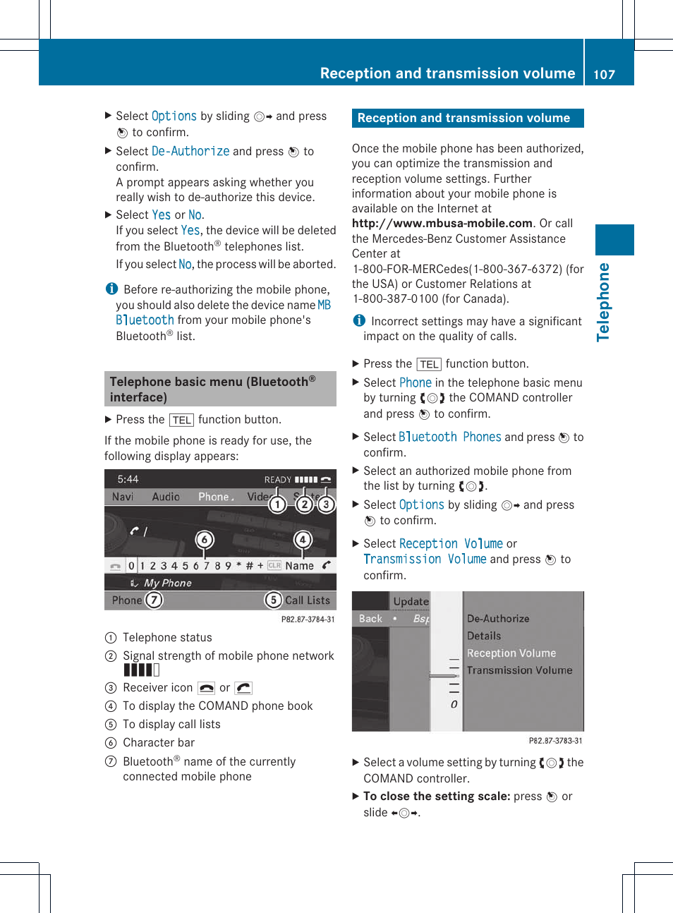 Tele phone, Reception and transmission volume | Mercedes-Benz E-Coupe 2011 COMAND Manual User Manual | Page 109 / 194