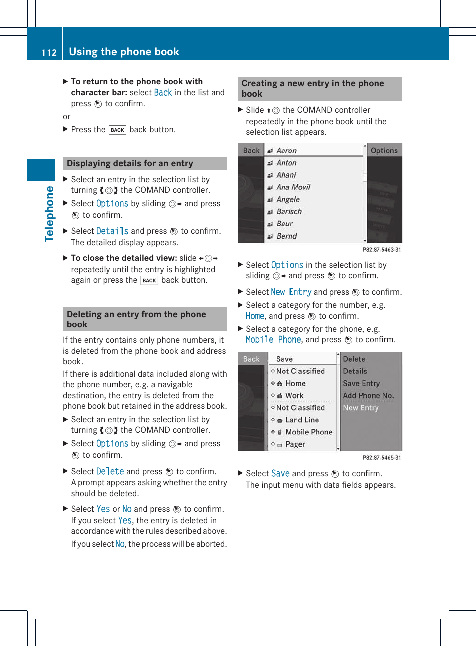 Telephone, Using the phone book | Mercedes-Benz E-Coupe 2011 COMAND Manual User Manual | Page 114 / 194