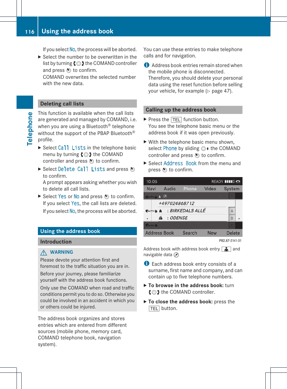 Telephone, Using the address book | Mercedes-Benz E-Coupe 2011 COMAND Manual User Manual | Page 118 / 194