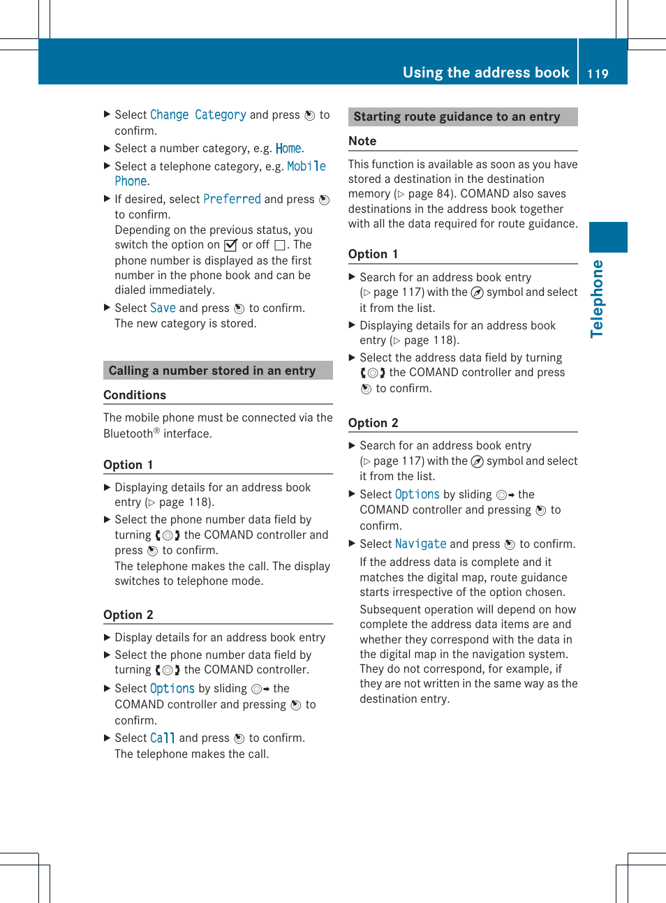 Telephone, Using the address book | Mercedes-Benz E-Coupe 2011 COMAND Manual User Manual | Page 121 / 194