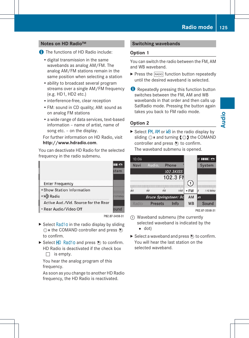Audio, Radio mode | Mercedes-Benz E-Coupe 2011 COMAND Manual User Manual | Page 127 / 194