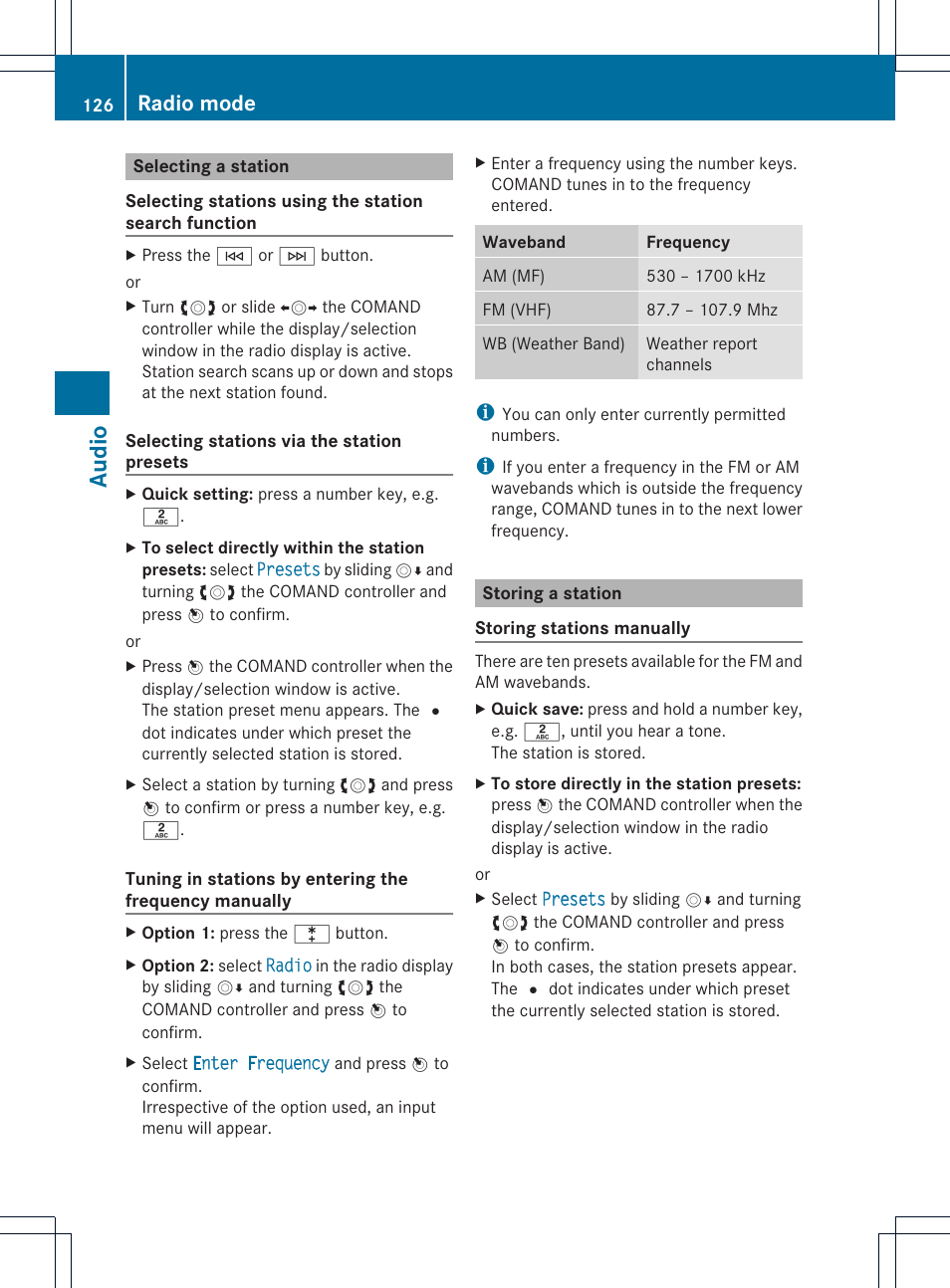 Audio, Radio mode | Mercedes-Benz E-Coupe 2011 COMAND Manual User Manual | Page 128 / 194