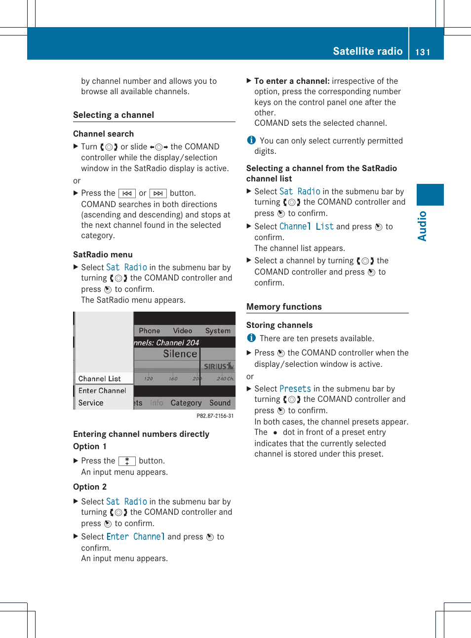 Audio, Satellite radio | Mercedes-Benz E-Coupe 2011 COMAND Manual User Manual | Page 133 / 194