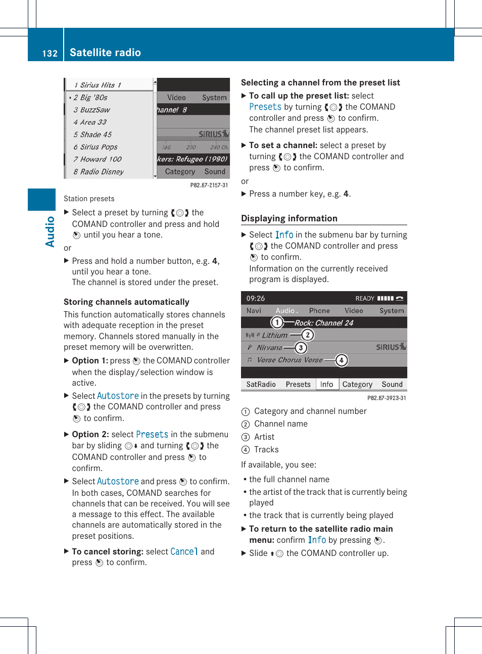Audio, Satellite radio | Mercedes-Benz E-Coupe 2011 COMAND Manual User Manual | Page 134 / 194