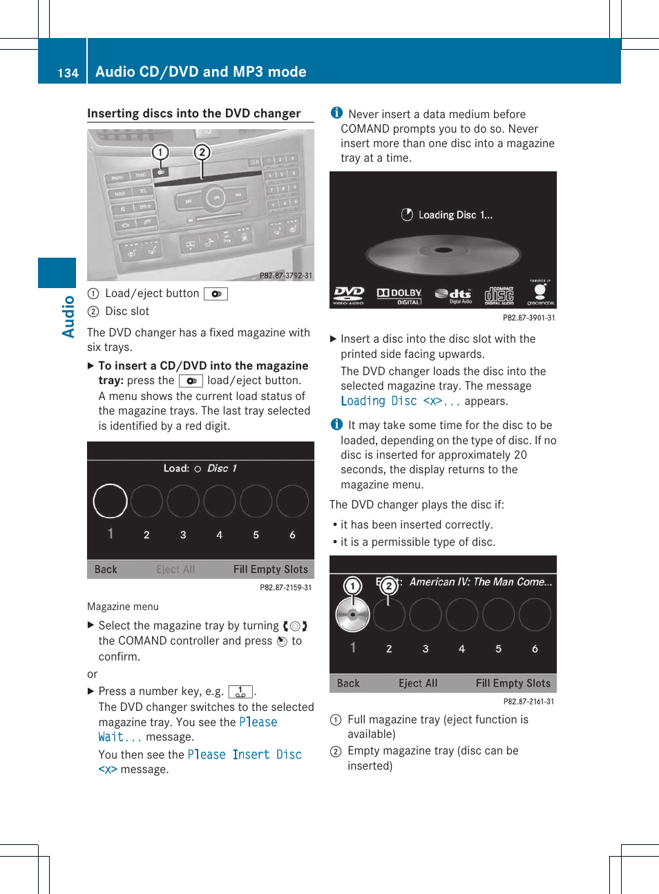 Audio, Audio cd/dvd and mp3 mode | Mercedes-Benz E-Coupe 2011 COMAND Manual User Manual | Page 136 / 194