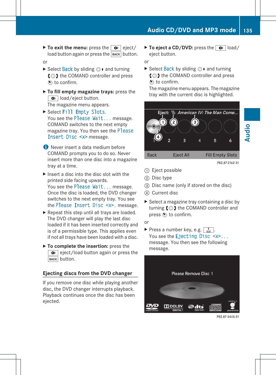 Audio, Audio cd/dvd and mp3 mode | Mercedes-Benz E-Coupe 2011 COMAND Manual User Manual | Page 137 / 194