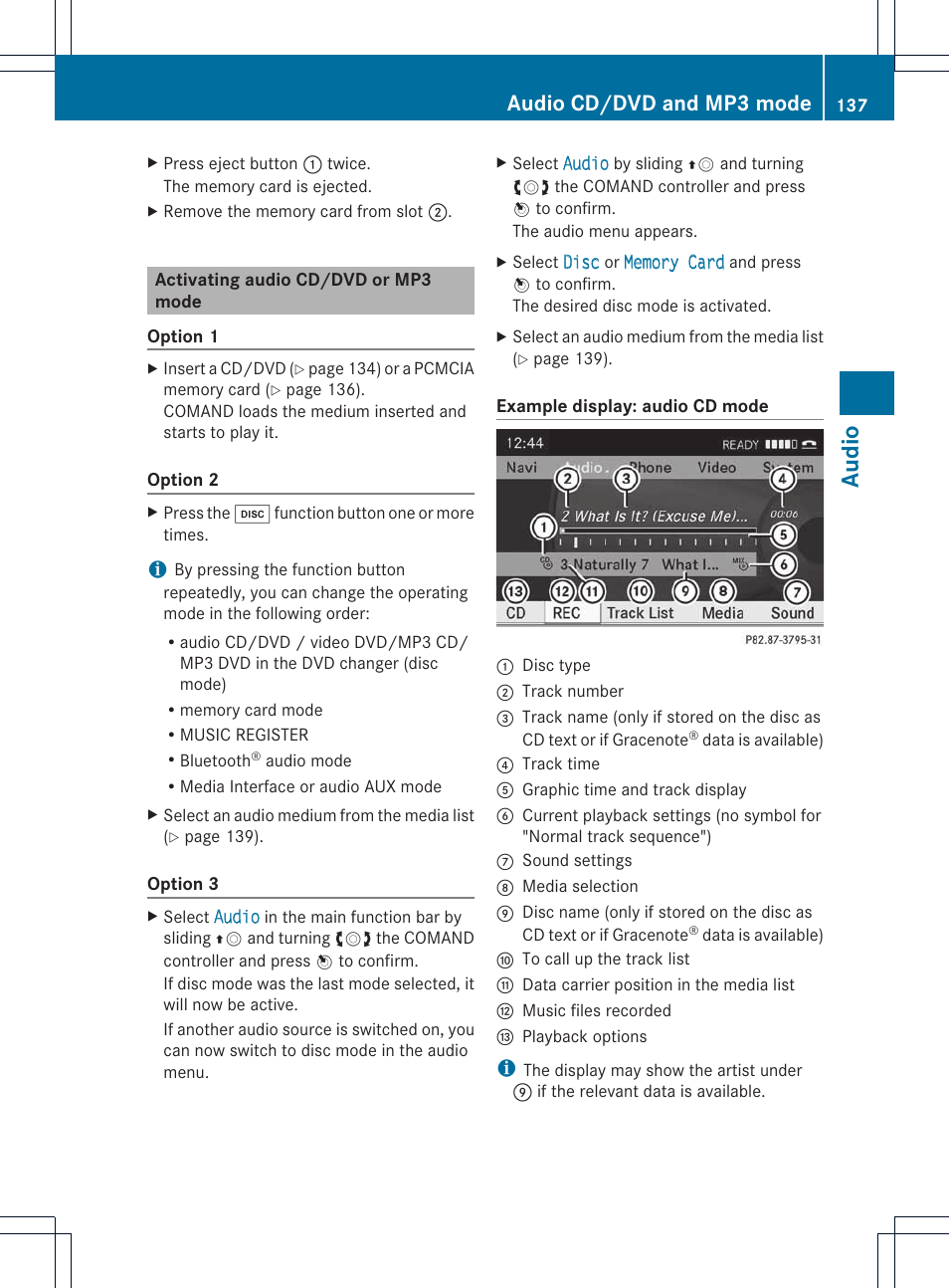 Audio, Audio cd/dvd and mp3 mode | Mercedes-Benz E-Coupe 2011 COMAND Manual User Manual | Page 139 / 194