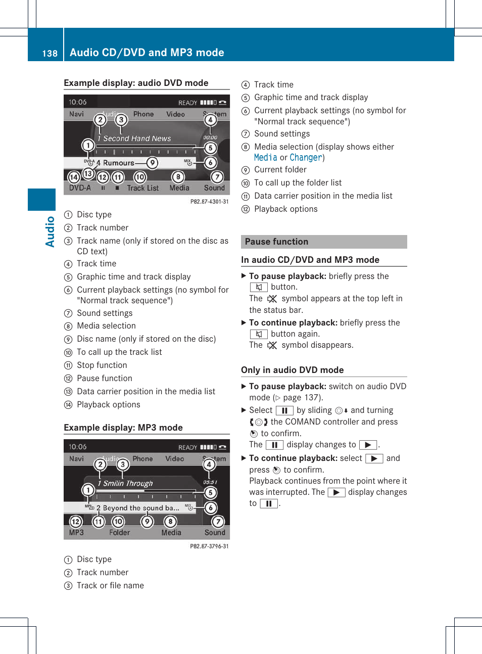 Audio, Audio cd/dvd and mp3 mode | Mercedes-Benz E-Coupe 2011 COMAND Manual User Manual | Page 140 / 194