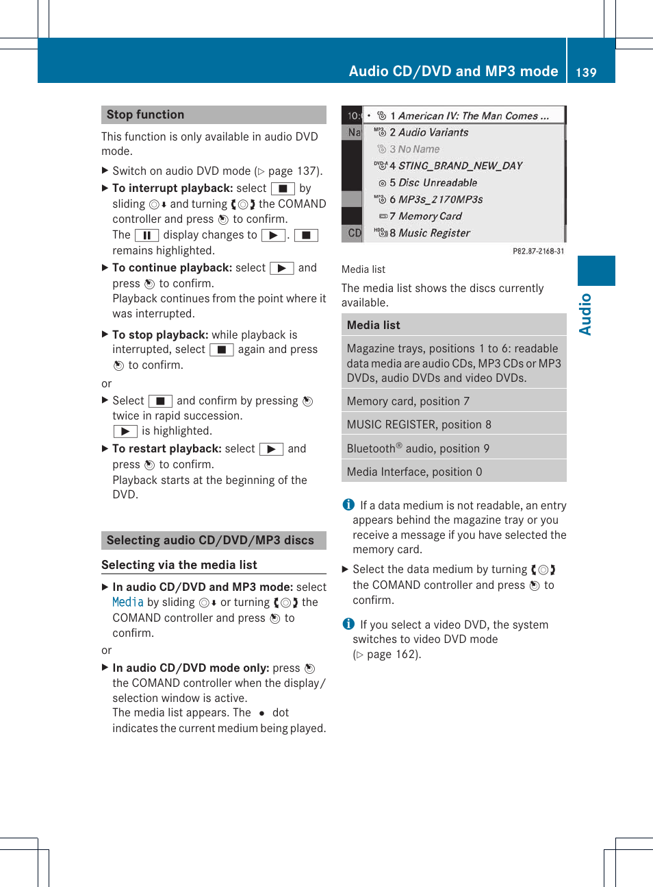 Audio, Audio cd/dvd and mp3 mode | Mercedes-Benz E-Coupe 2011 COMAND Manual User Manual | Page 141 / 194