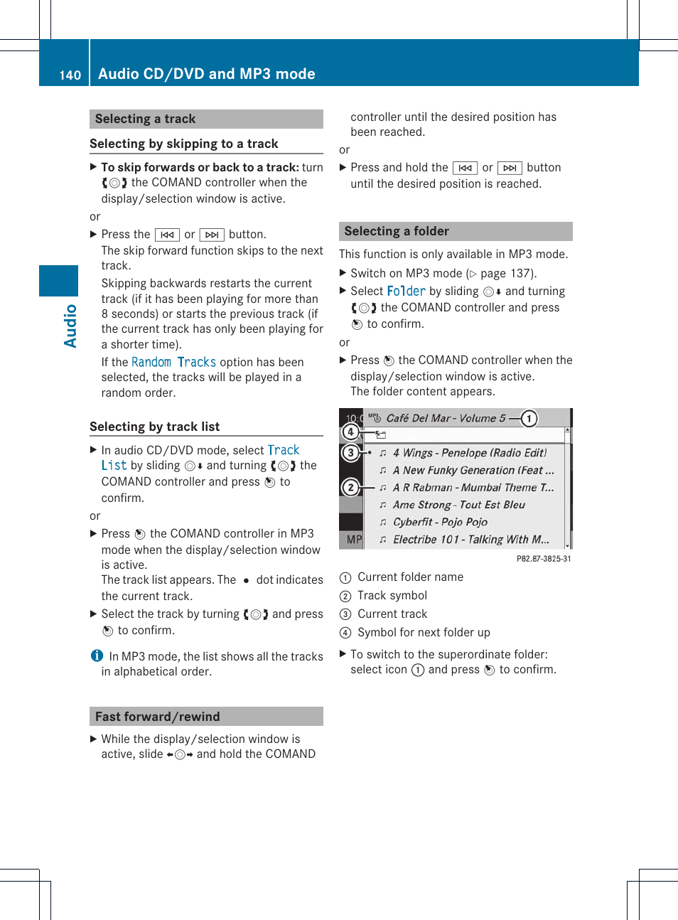 Audio, Audio cd/dvd and mp3 mode | Mercedes-Benz E-Coupe 2011 COMAND Manual User Manual | Page 142 / 194