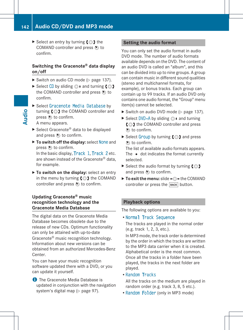 Audio, Audio cd/dvd and mp3 mode | Mercedes-Benz E-Coupe 2011 COMAND Manual User Manual | Page 144 / 194