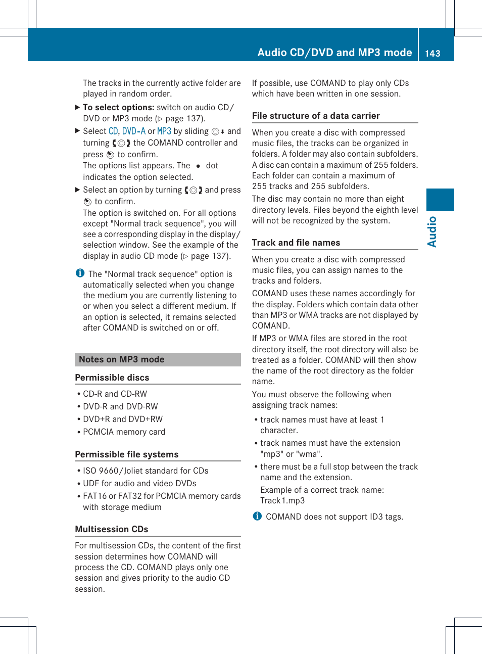Aud io, Audio cd/dvd and mp3 mode | Mercedes-Benz E-Coupe 2011 COMAND Manual User Manual | Page 145 / 194