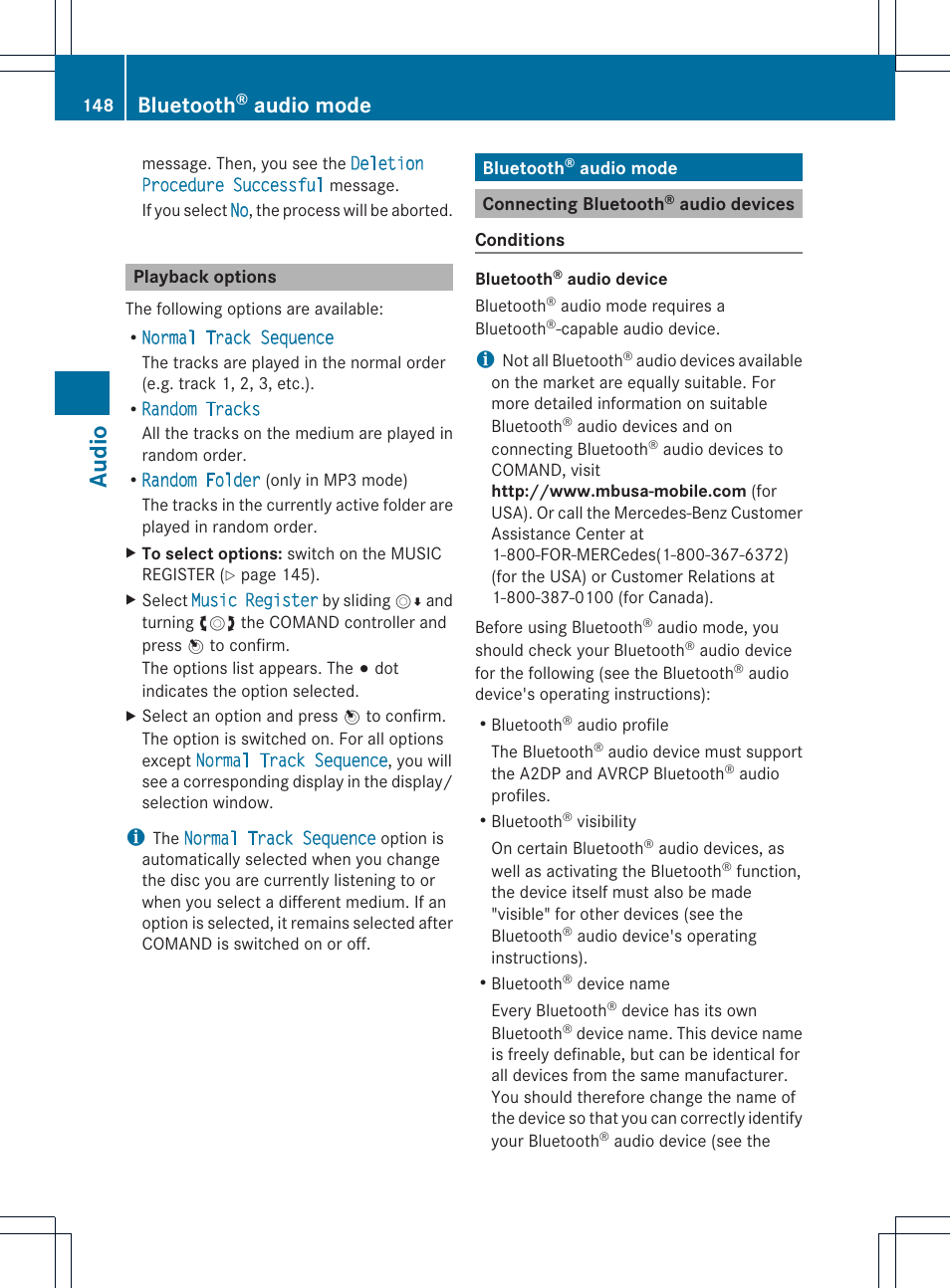 Audio, Bluetooth, Audio mode | Mercedes-Benz E-Coupe 2011 COMAND Manual User Manual | Page 150 / 194