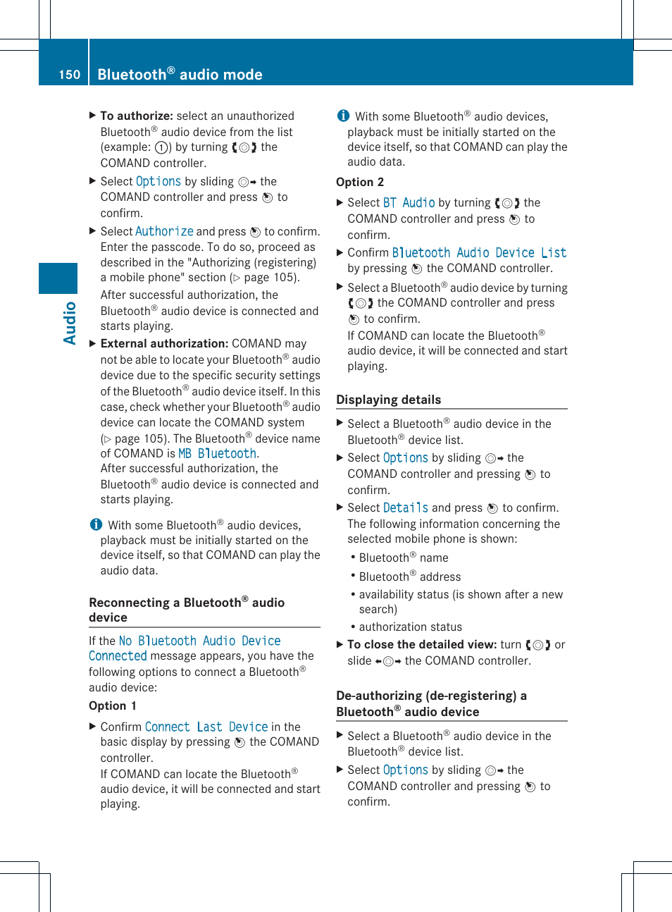 Audio, Bluetooth, Audio mode | Mercedes-Benz E-Coupe 2011 COMAND Manual User Manual | Page 152 / 194