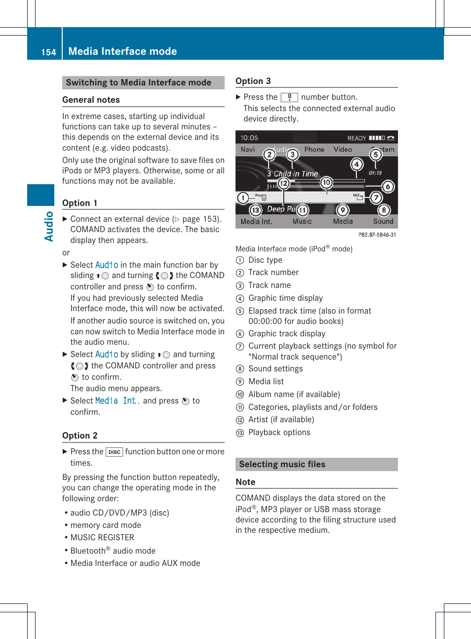 Audio, Media interface mode | Mercedes-Benz E-Coupe 2011 COMAND Manual User Manual | Page 156 / 194