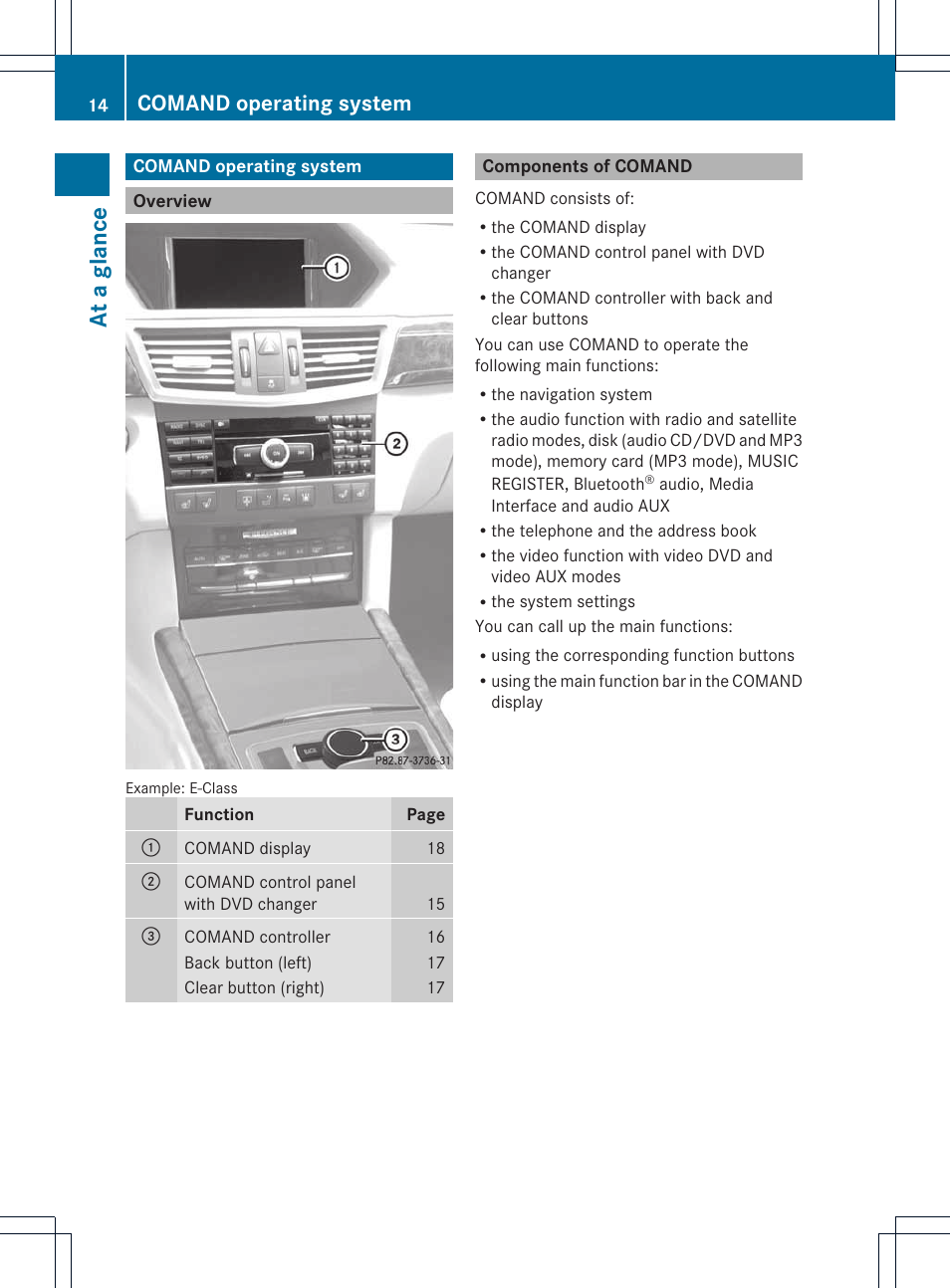 At a glan ce, Comand operating system | Mercedes-Benz E-Coupe 2011 COMAND Manual User Manual | Page 16 / 194