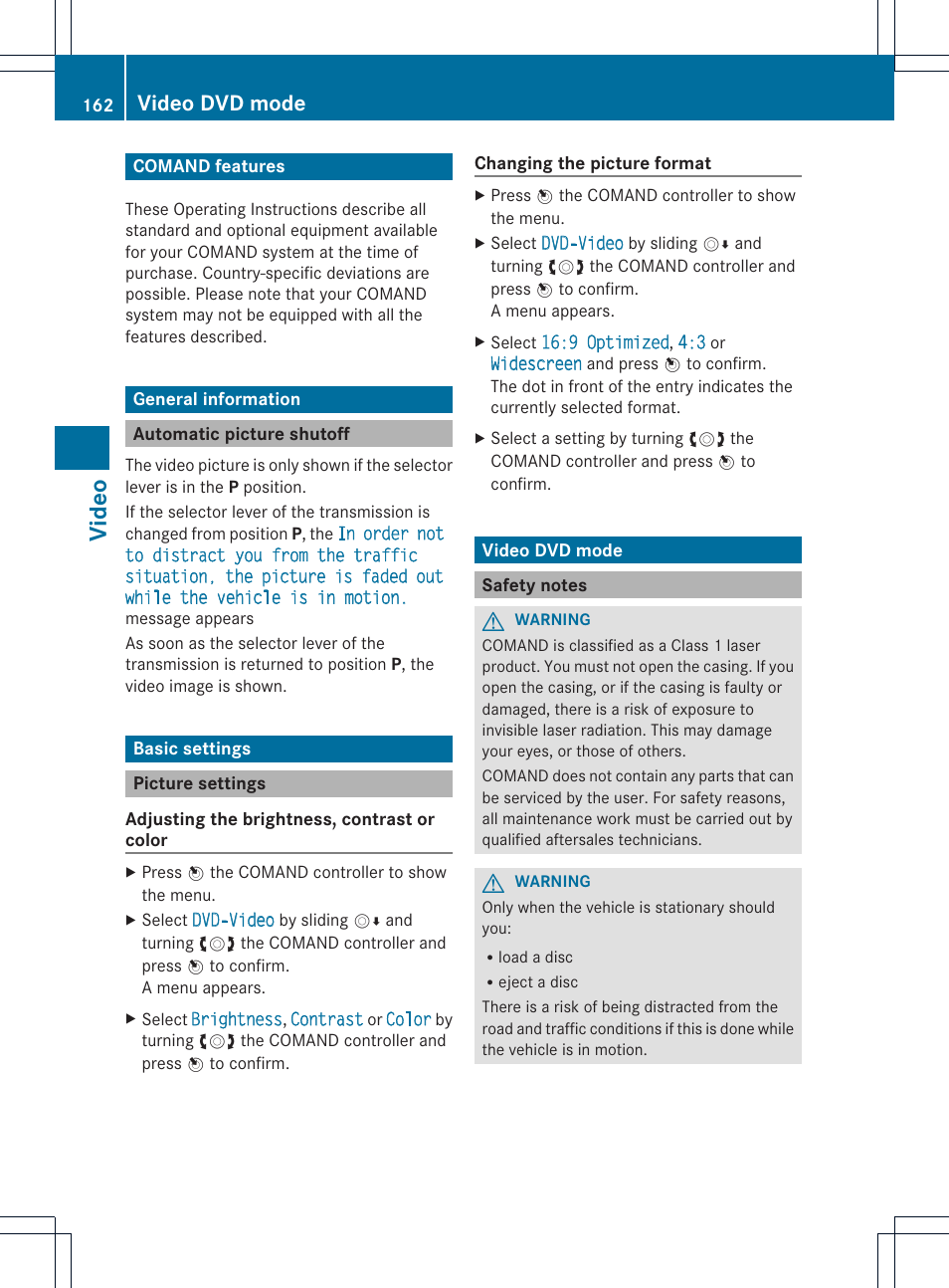 Video, Video dvd mode | Mercedes-Benz E-Coupe 2011 COMAND Manual User Manual | Page 164 / 194