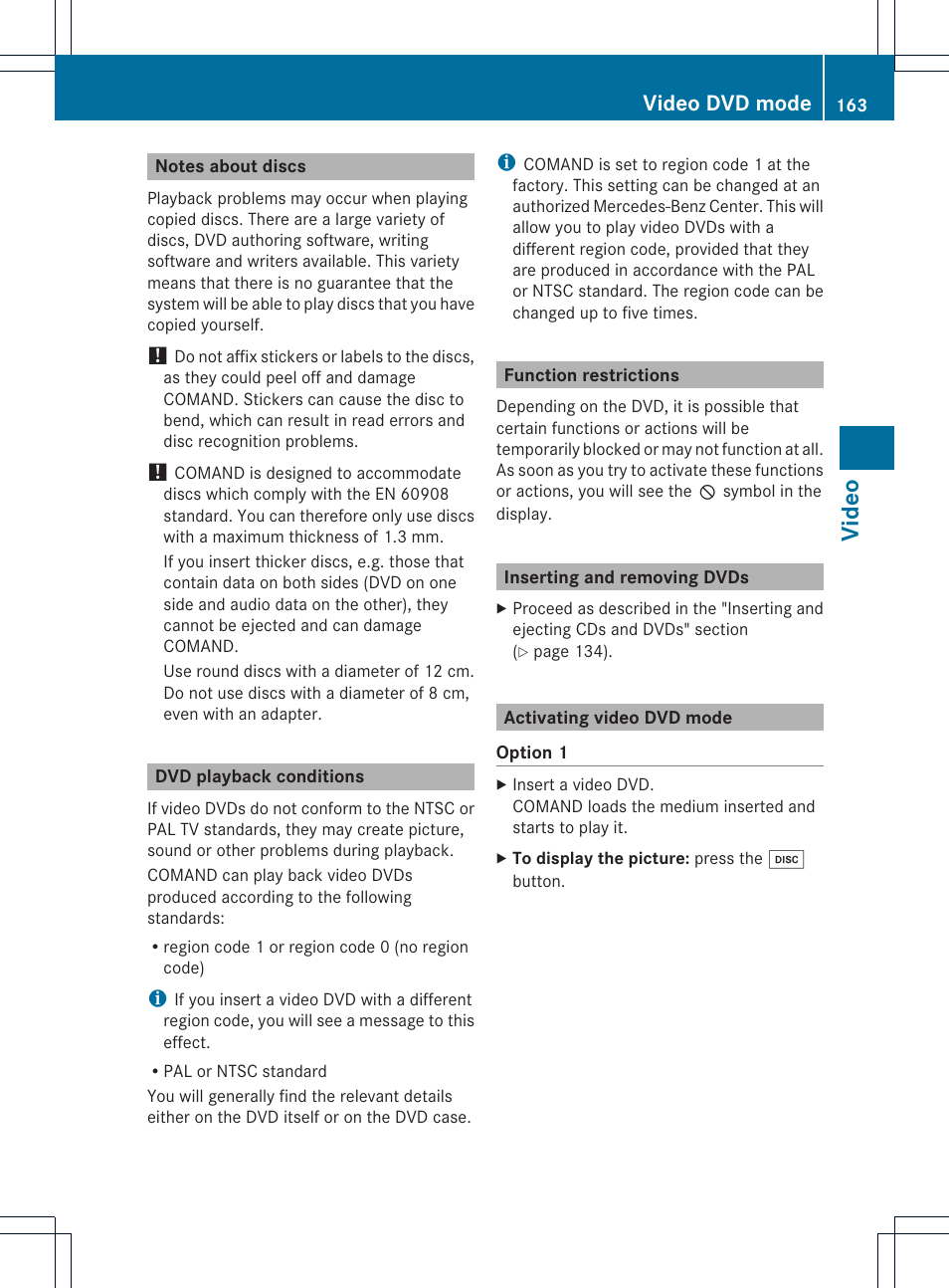 Video, Video dvd mode | Mercedes-Benz E-Coupe 2011 COMAND Manual User Manual | Page 165 / 194