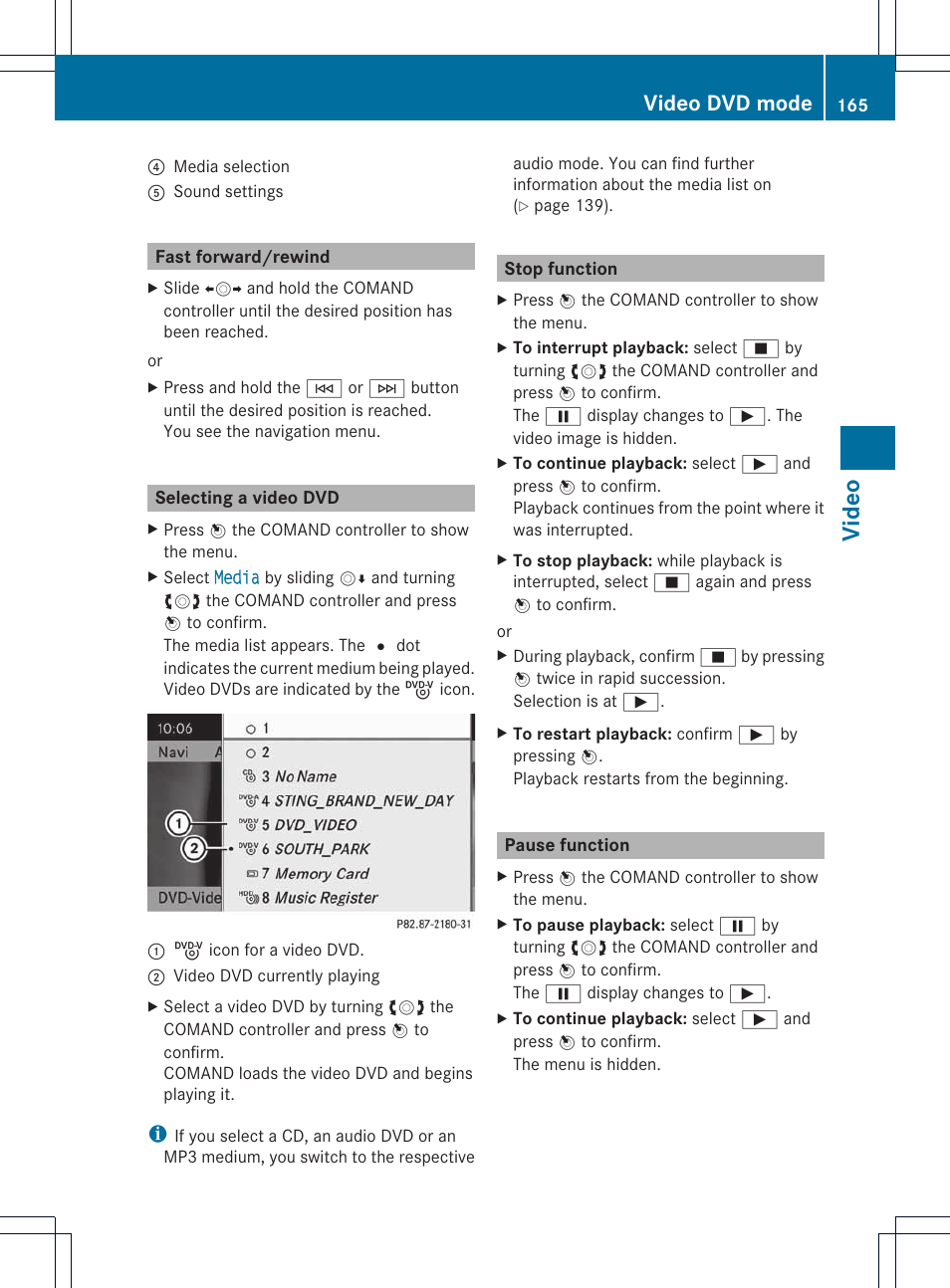 Video, Video dvd mode | Mercedes-Benz E-Coupe 2011 COMAND Manual User Manual | Page 167 / 194