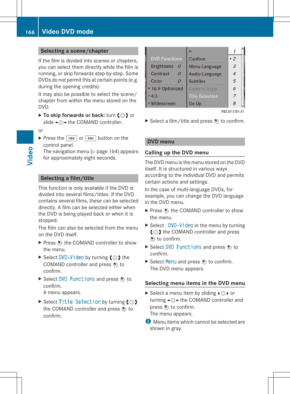 Vid eo, Video dvd mode | Mercedes-Benz E-Coupe 2011 COMAND Manual User Manual | Page 168 / 194