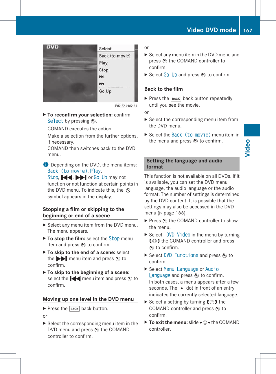 Video, Video dvd mode | Mercedes-Benz E-Coupe 2011 COMAND Manual User Manual | Page 169 / 194