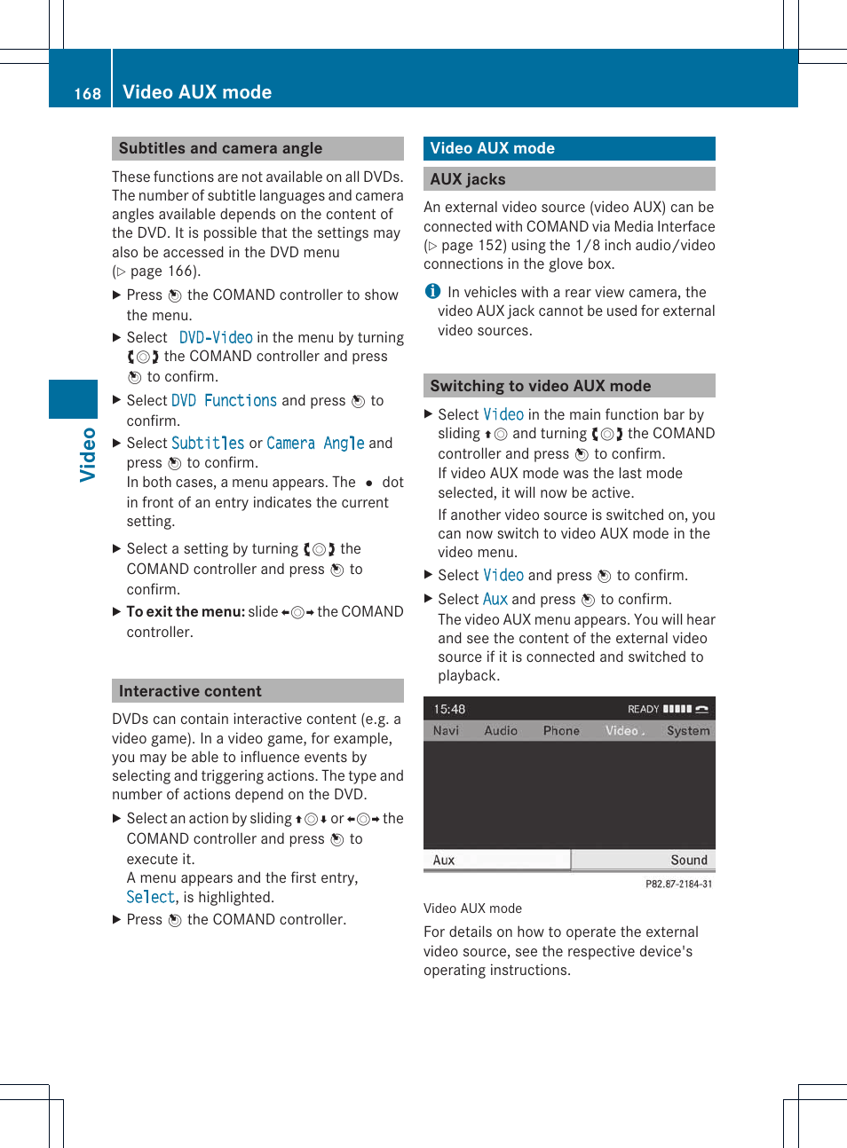 Video, Video aux mode | Mercedes-Benz E-Coupe 2011 COMAND Manual User Manual | Page 170 / 194