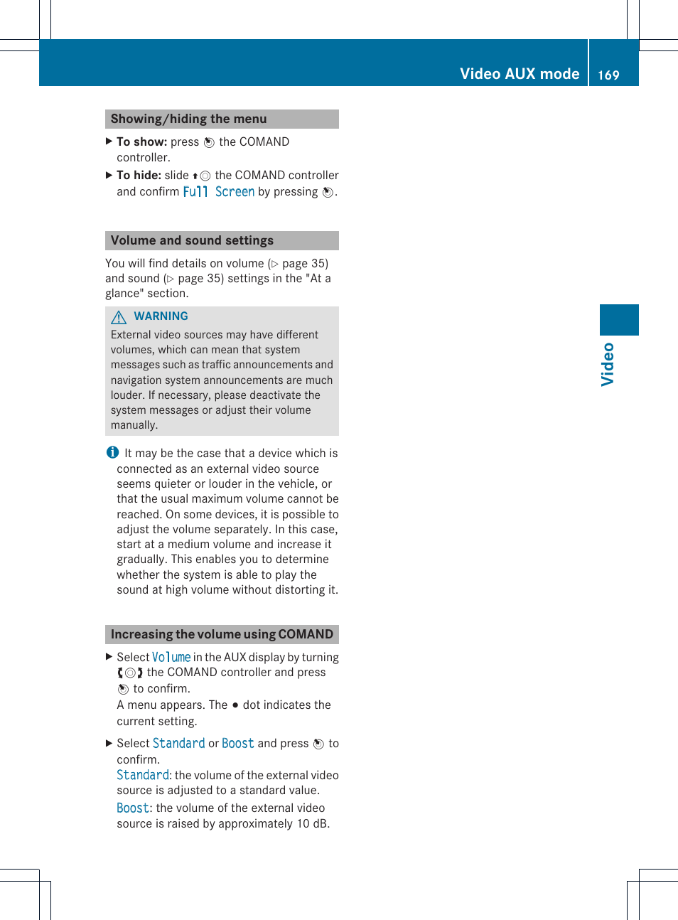 Video, Video aux mode | Mercedes-Benz E-Coupe 2011 COMAND Manual User Manual | Page 171 / 194