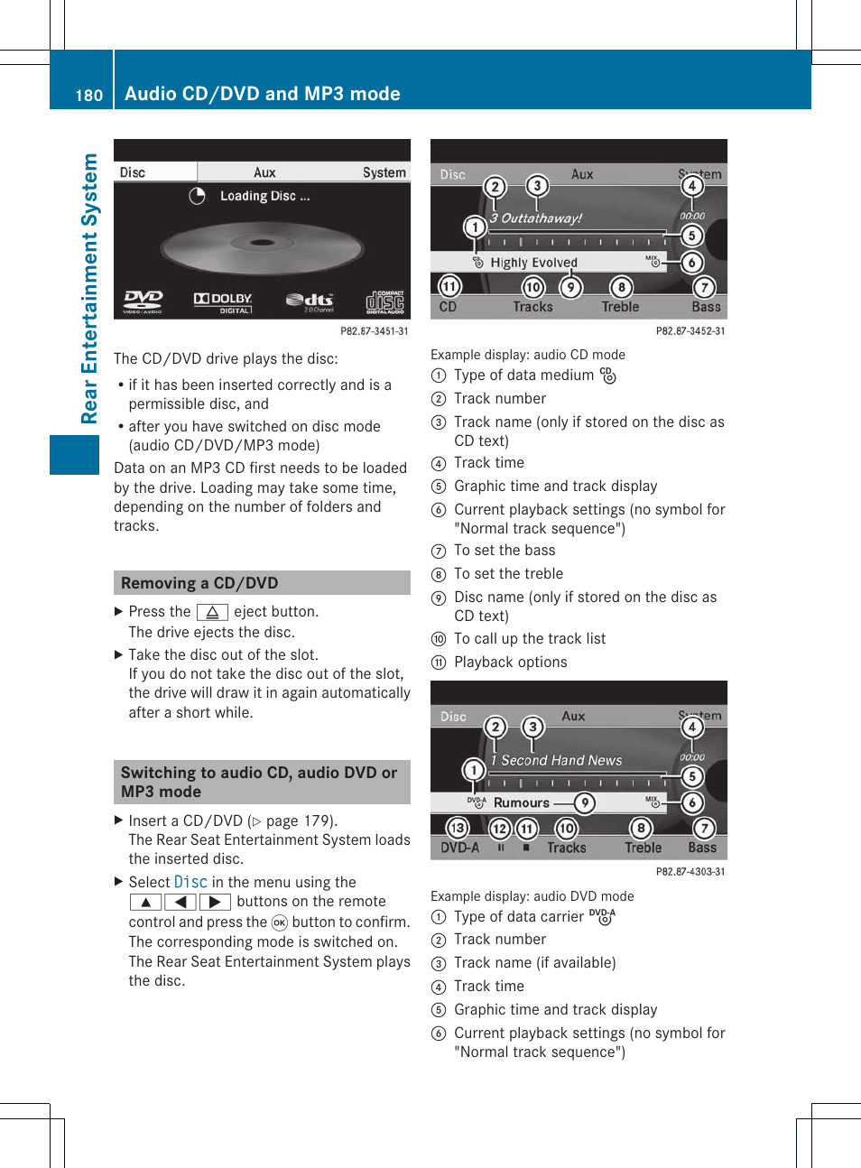 Rea renter ta inment syst em, Audio cd/dvd and mp3 mode | Mercedes-Benz E-Coupe 2011 COMAND Manual User Manual | Page 182 / 194