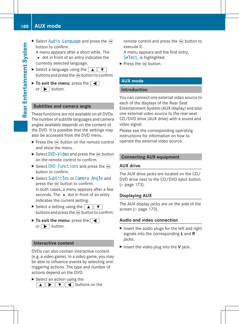 Rear enterta inment system, Aux mode | Mercedes-Benz E-Coupe 2011 COMAND Manual User Manual | Page 190 / 194