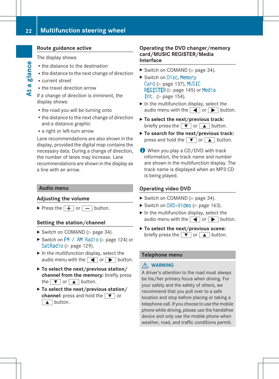 At a glance, Multifunction steering wheel | Mercedes-Benz E-Coupe 2011 COMAND Manual User Manual | Page 24 / 194