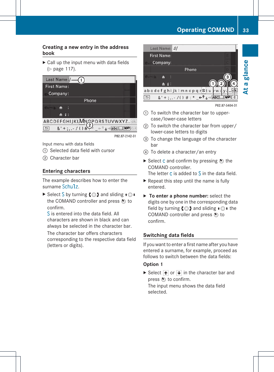 At a glan ce, Operating comand | Mercedes-Benz E-Coupe 2011 COMAND Manual User Manual | Page 35 / 194
