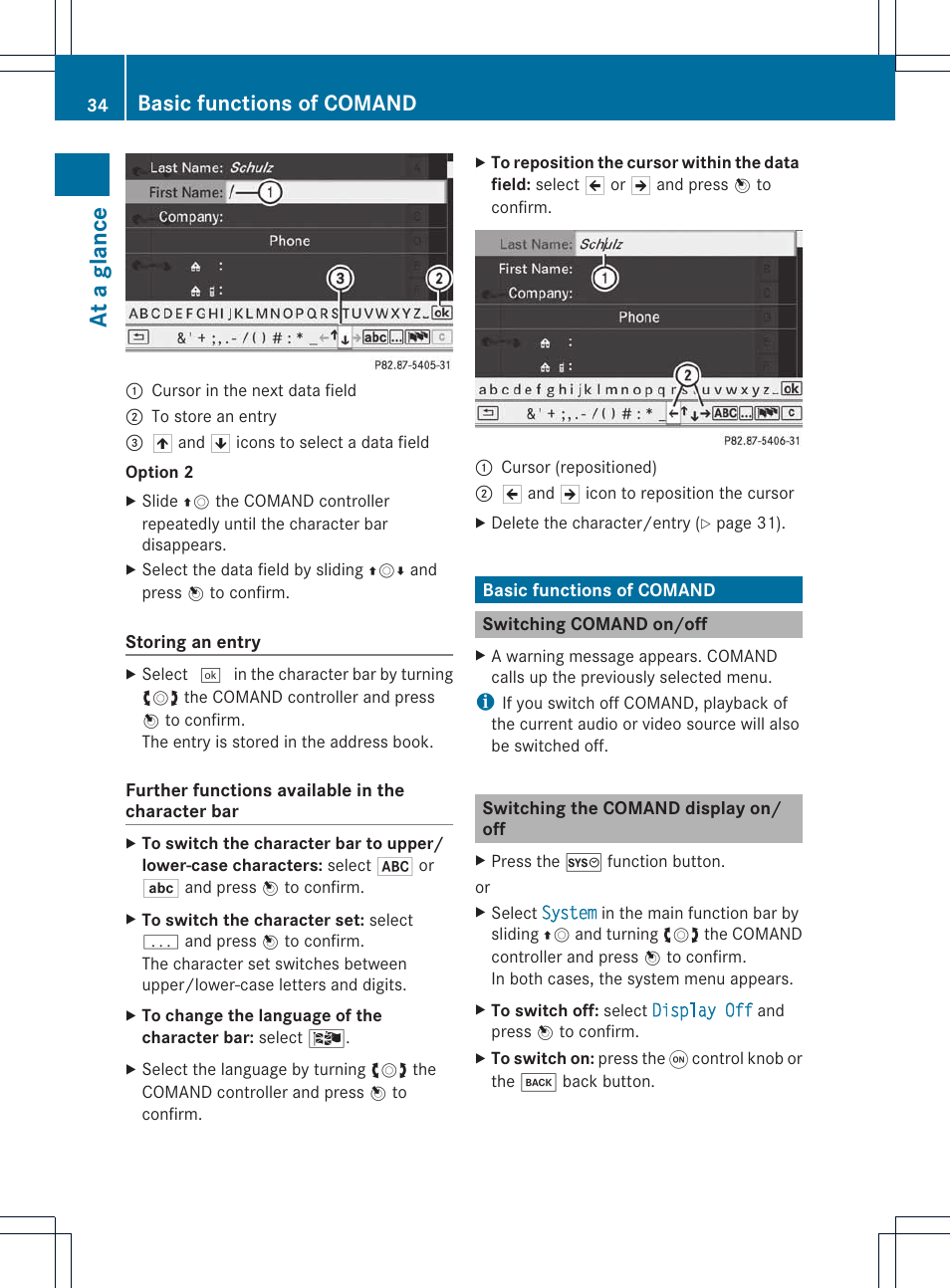 At a glance, Basic functions of comand | Mercedes-Benz E-Coupe 2011 COMAND Manual User Manual | Page 36 / 194