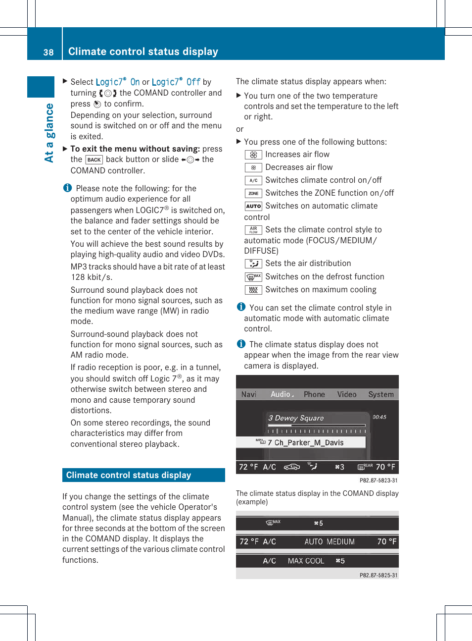 At a glance, Climate control status display | Mercedes-Benz E-Coupe 2011 COMAND Manual User Manual | Page 40 / 194