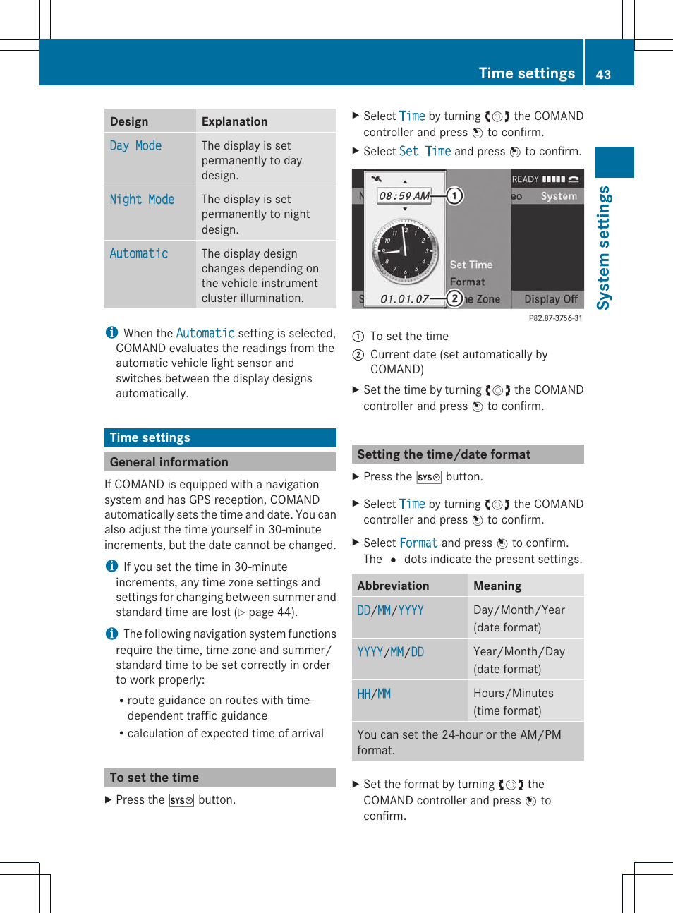 System settings, Time settings | Mercedes-Benz E-Coupe 2011 COMAND Manual User Manual | Page 45 / 194
